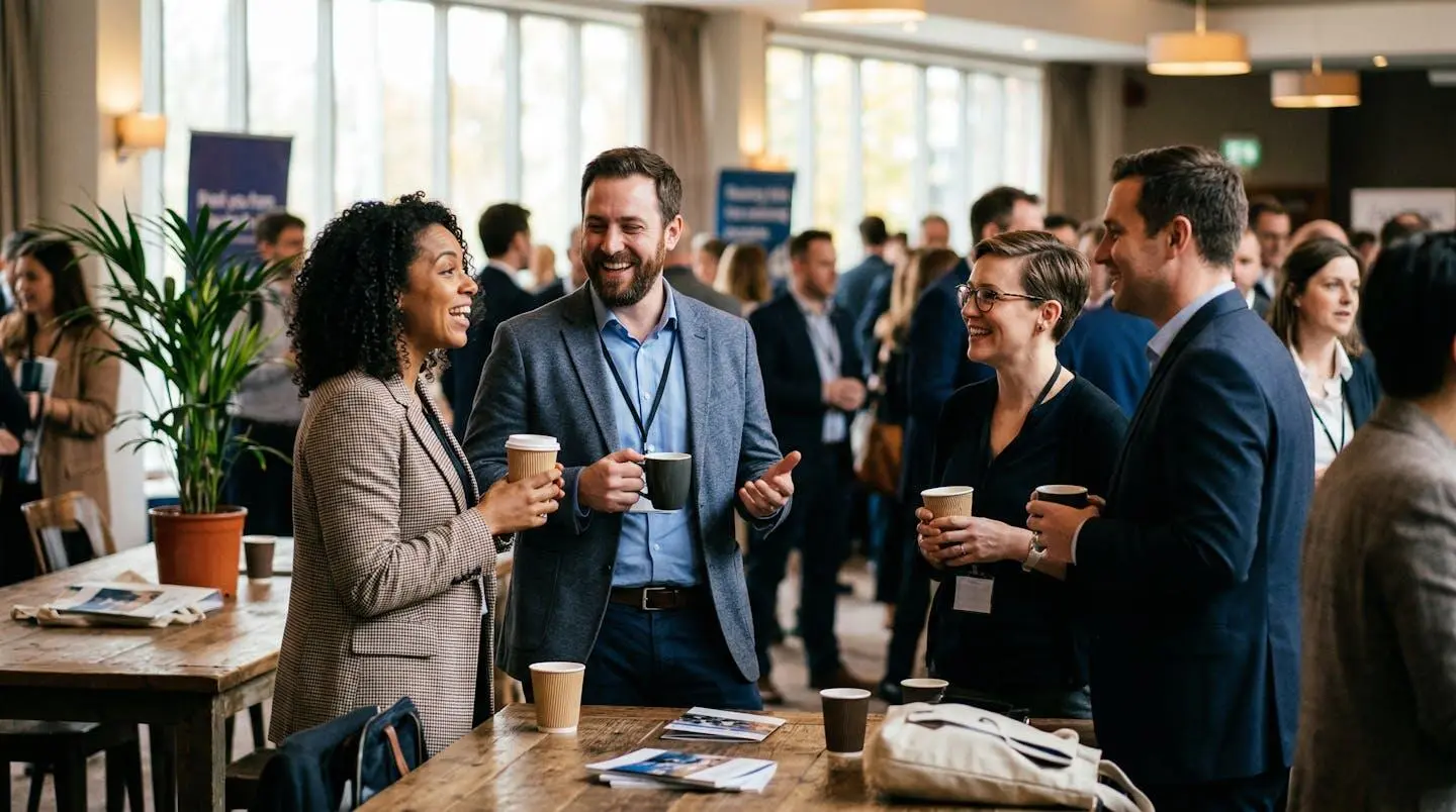 Espace de pause networking avec quelques professionnels échangeant debout, tasses de café en main, ambiance conviviale