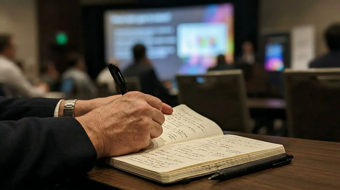 Mains d'un professionnel prenant des notes sur un carnet pendant une présentation, écran flouté en arrière-plan