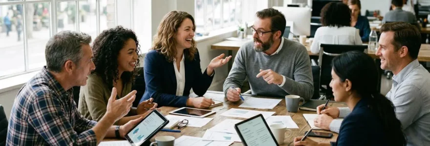 Groupe de professionnels en discussion animée autour d'une table de réunion moderne, expressions engagées, documents et tablettes visibles